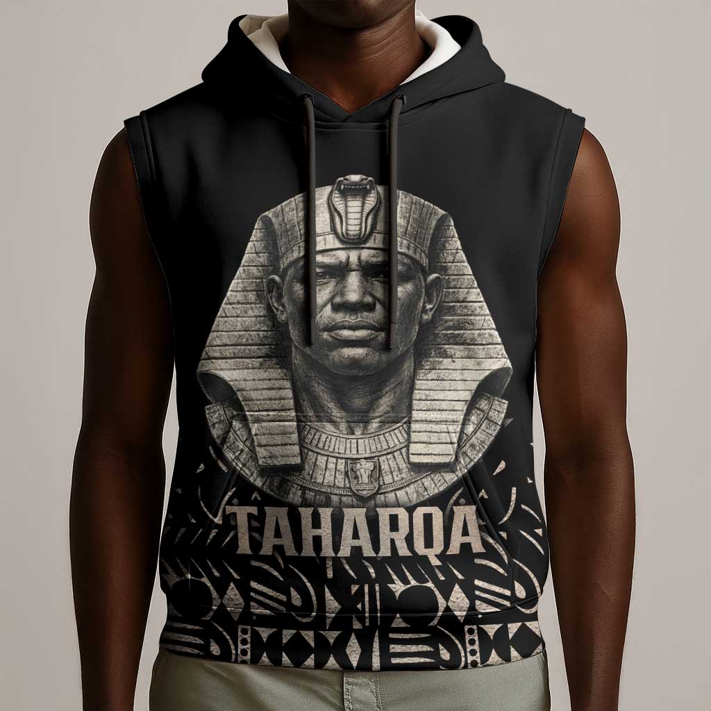 Taharqa Sleeveless Hoodie with Black Pharaoh Portrait, 25th Dynasty of Egypt Text and Nubian-Inspired - Wonder Print Shop