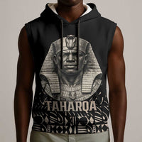 Taharqa Sleeveless Hoodie with Black Pharaoh Portrait, 25th Dynasty of Egypt Text and Nubian-Inspired - Wonder Print Shop