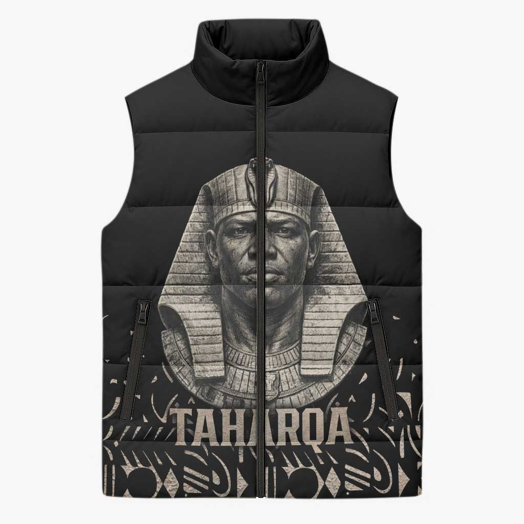 Taharqa Sleeveless Puffer Jacket with Black Pharaoh Portrait, 25th Dynasty of Egypt Text and Nubian-Inspired - Wonder Print Shop