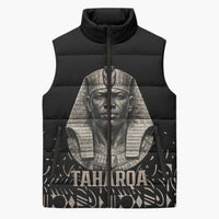 Taharqa Sleeveless Puffer Jacket with Black Pharaoh Portrait, 25th Dynasty of Egypt Text and Nubian-Inspired - Wonder Print Shop