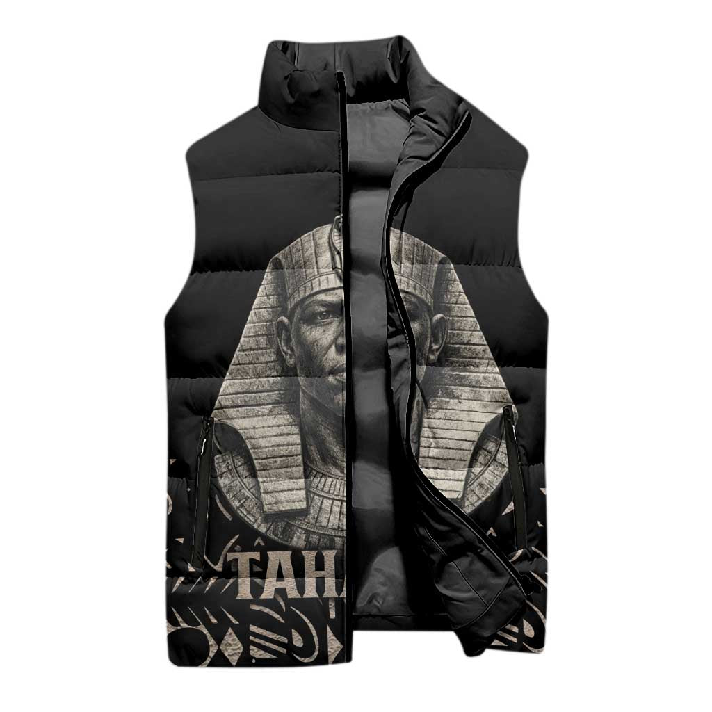 Taharqa Sleeveless Puffer Jacket with Black Pharaoh Portrait, 25th Dynasty of Egypt Text and Nubian-Inspired - Wonder Print Shop
