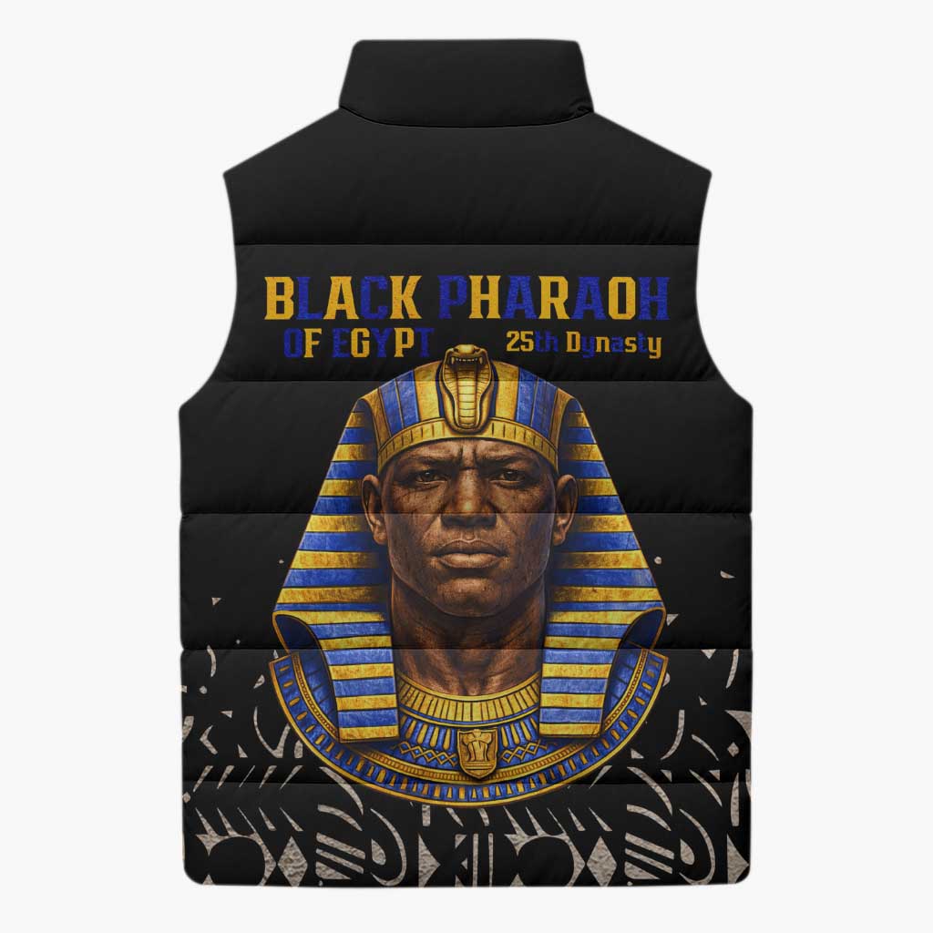 Taharqa Sleeveless Puffer Jacket with Black Pharaoh Portrait, 25th Dynasty of Egypt Text and Nubian-Inspired - Wonder Print Shop