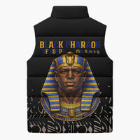 Taharqa Sleeveless Puffer Jacket with Black Pharaoh Portrait, 25th Dynasty of Egypt Text and Nubian-Inspired - Wonder Print Shop