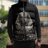 Taharqa Sleeveless Puffer Jacket with Black Pharaoh Portrait, 25th Dynasty of Egypt Text and Nubian-Inspired - Wonder Print Shop