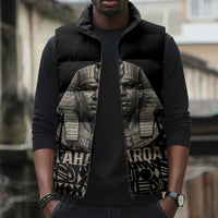 Taharqa Sleeveless Puffer Jacket with Black Pharaoh Portrait, 25th Dynasty of Egypt Text and Nubian-Inspired - Wonder Print Shop