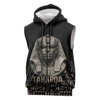Taharqa Sleeveless Zip Hoodie with Black Pharaoh Portrait, 25th Dynasty of Egypt Text and Nubian-Inspired - Wonder Print Shop