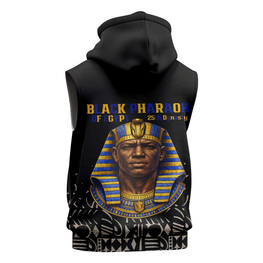 Taharqa Sleeveless Zip Hoodie with Black Pharaoh Portrait, 25th Dynasty of Egypt Text and Nubian-Inspired - Wonder Print Shop