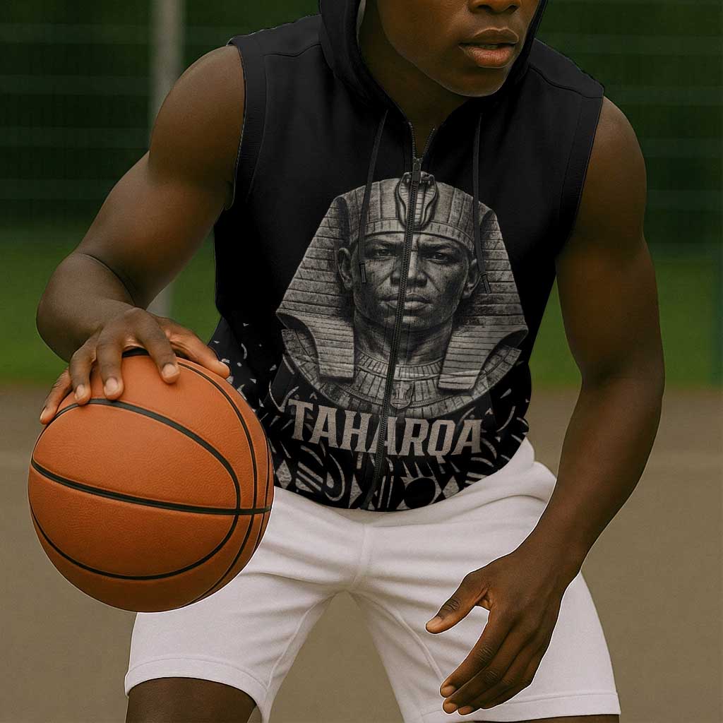 Taharqa Sleeveless Zip Hoodie with Black Pharaoh Portrait, 25th Dynasty of Egypt Text and Nubian-Inspired - Wonder Print Shop