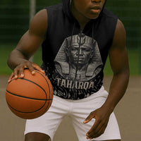 Taharqa Sleeveless Zip Hoodie with Black Pharaoh Portrait, 25th Dynasty of Egypt Text and Nubian-Inspired - Wonder Print Shop