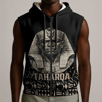Taharqa Sleeveless Zip Hoodie with Black Pharaoh Portrait, 25th Dynasty of Egypt Text and Nubian-Inspired - Wonder Print Shop