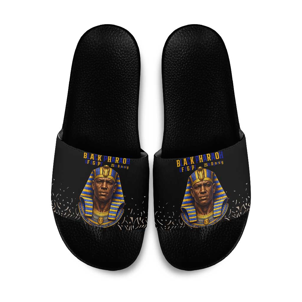 Taharqa Slide Sandals with Black Pharaoh Portrait, 25th Dynasty of Egypt Text and Nubian-Inspired - Wonder Print Shop