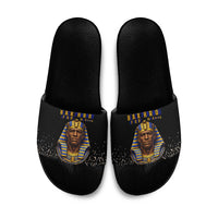 Taharqa Slide Sandals with Black Pharaoh Portrait, 25th Dynasty of Egypt Text and Nubian-Inspired - Wonder Print Shop