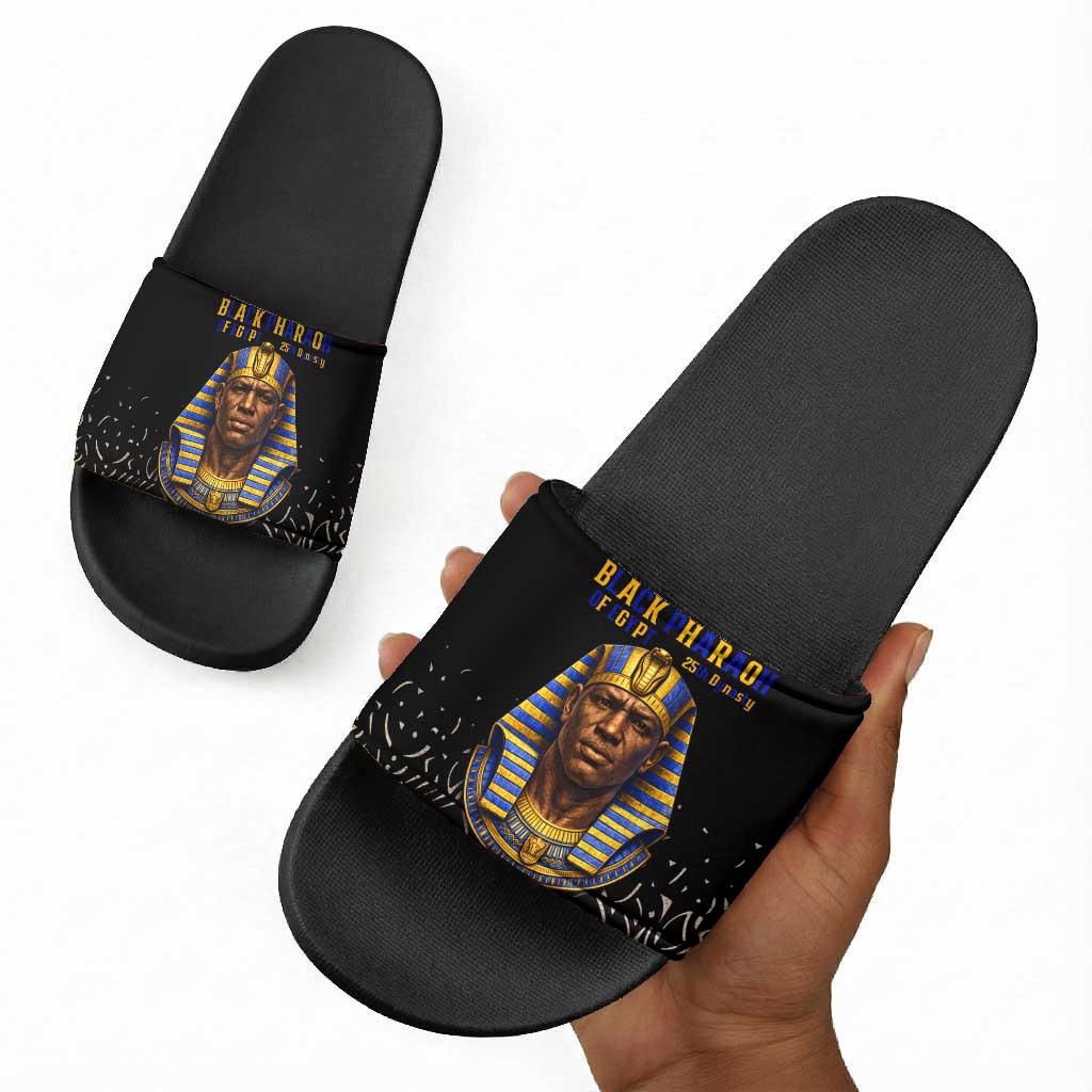 Taharqa Slide Sandals with Black Pharaoh Portrait, 25th Dynasty of Egypt Text and Nubian-Inspired - Wonder Print Shop