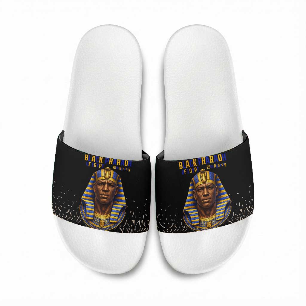 Taharqa Slide Sandals with Black Pharaoh Portrait, 25th Dynasty of Egypt Text and Nubian-Inspired - Wonder Print Shop