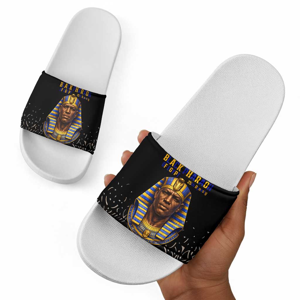 Taharqa Slide Sandals with Black Pharaoh Portrait, 25th Dynasty of Egypt Text and Nubian-Inspired - Wonder Print Shop