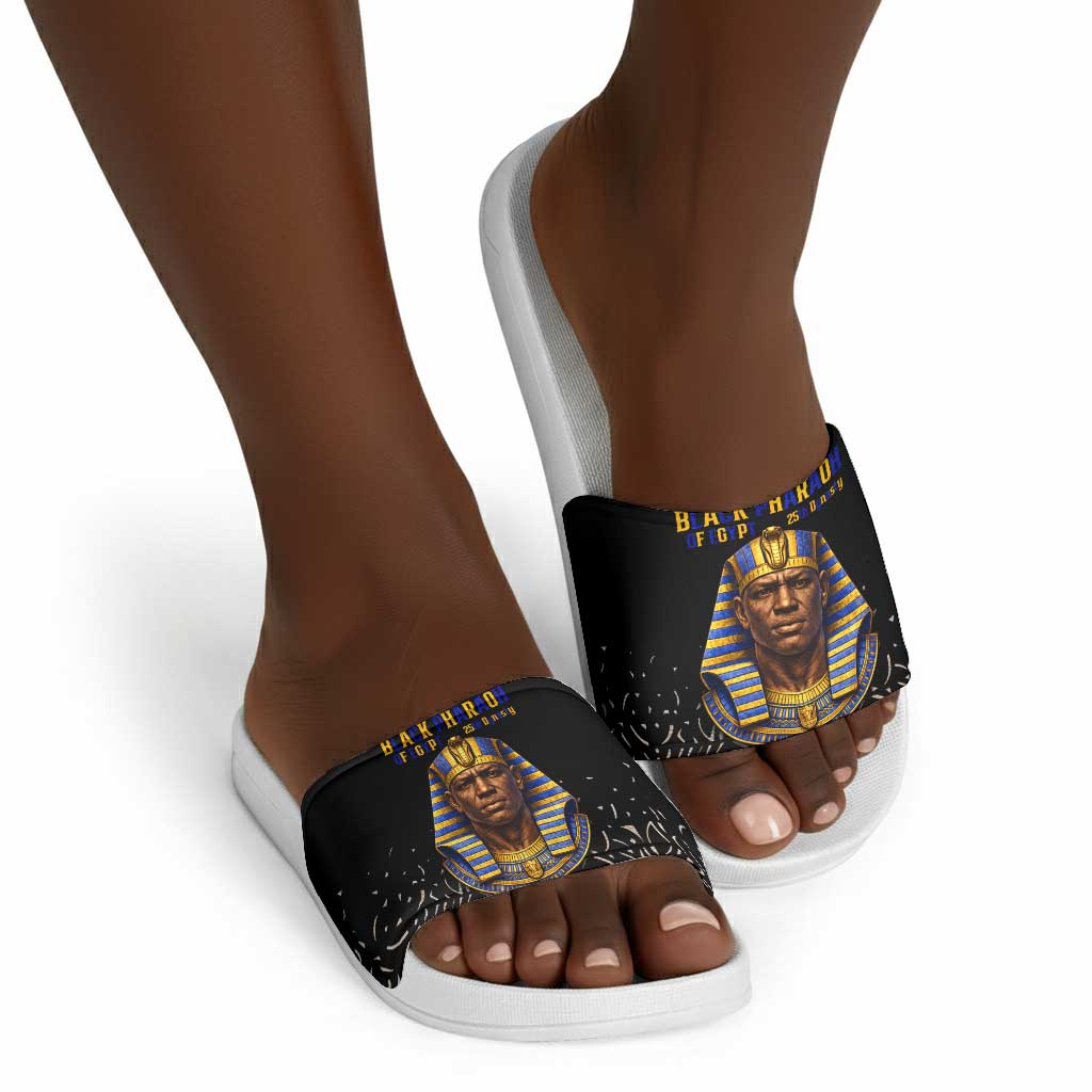 Taharqa Slide Sandals with Black Pharaoh Portrait, 25th Dynasty of Egypt Text and Nubian-Inspired - Wonder Print Shop