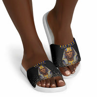 Taharqa Slide Sandals with Black Pharaoh Portrait, 25th Dynasty of Egypt Text and Nubian-Inspired - Wonder Print Shop