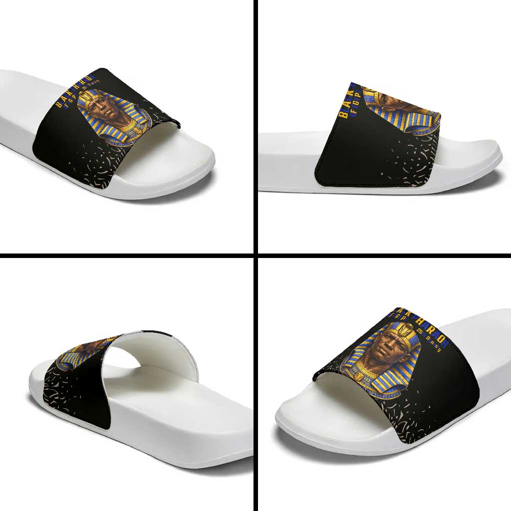 Taharqa Slide Sandals with Black Pharaoh Portrait, 25th Dynasty of Egypt Text and Nubian-Inspired - Wonder Print Shop