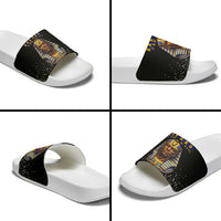 Taharqa Slide Sandals with Black Pharaoh Portrait, 25th Dynasty of Egypt Text and Nubian-Inspired - Wonder Print Shop