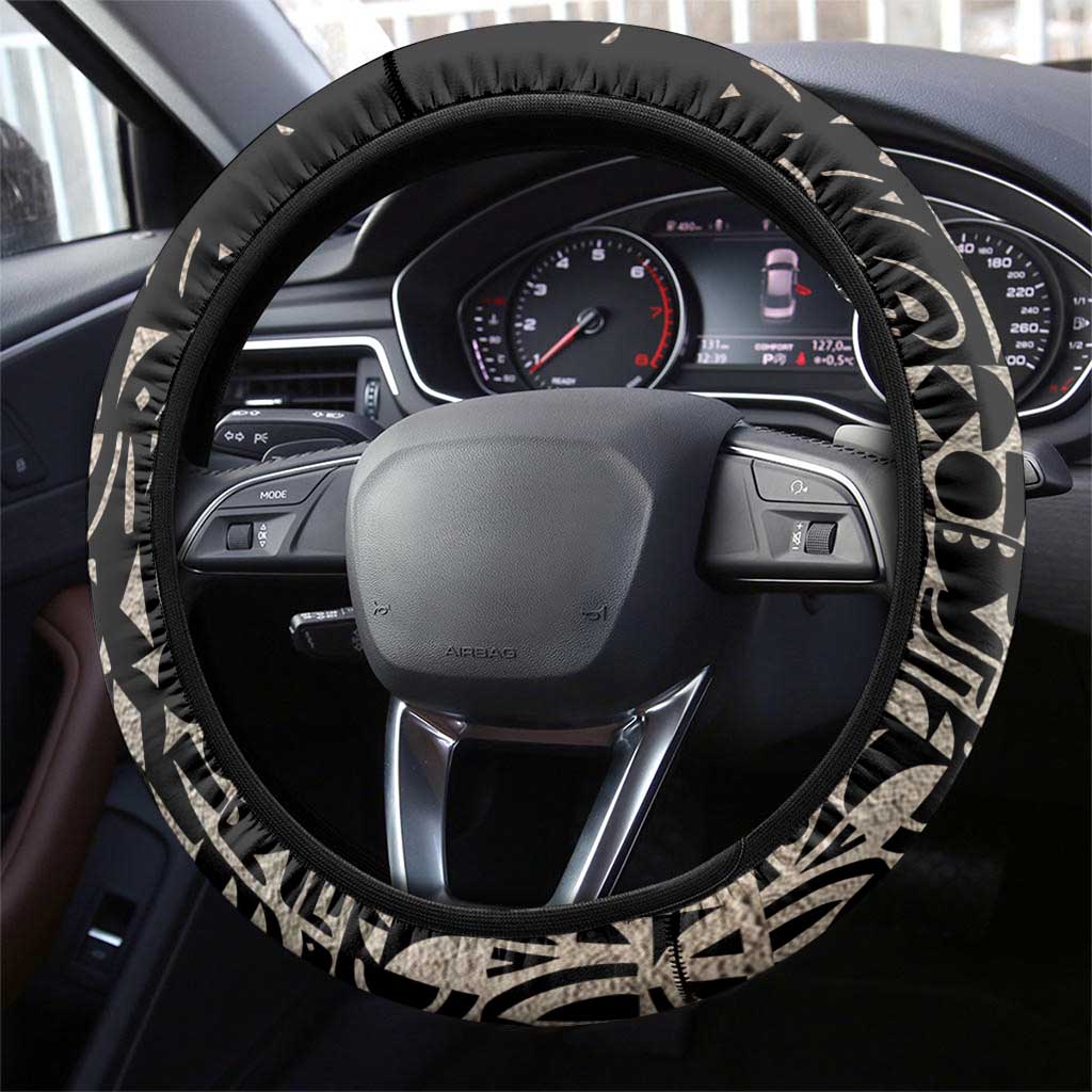 Taharqa Steering Wheel Cover with Black Pharaoh Portrait, 25th Dynasty of Egypt Text and Nubian-Inspired - Wonder Print Shop