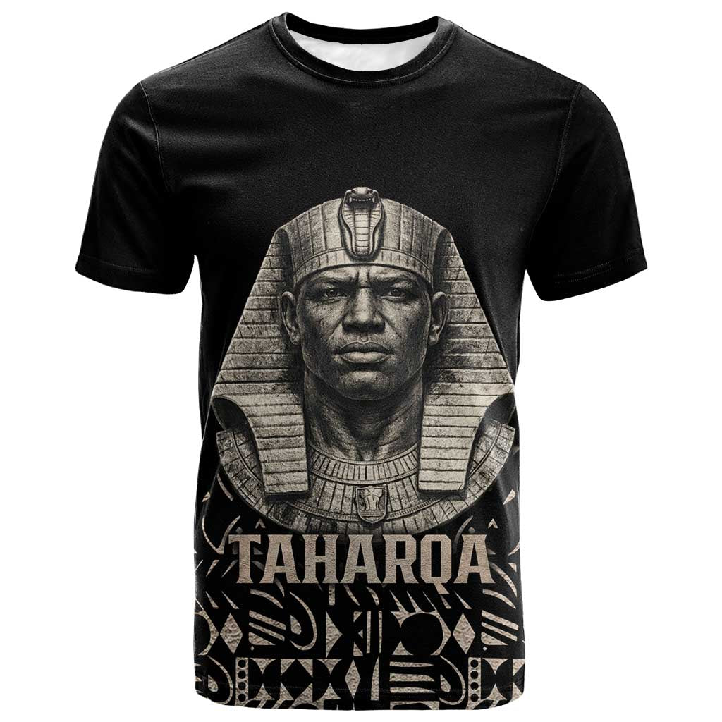 Taharqa T shirt with Black Pharaoh Portrait, 25th Dynasty of Egypt Text and Nubian-Inspired - Wonder Print Shop