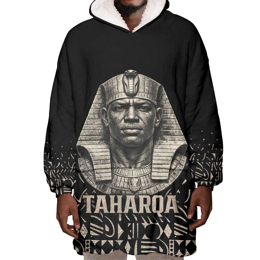 Taharqa Wearable Blanket Hoodie with Black Pharaoh Portrait, 25th Dynasty of Egypt Text and Nubian-Inspired - Wonder Print Shop