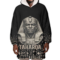 Taharqa Wearable Blanket Hoodie with Black Pharaoh Portrait, 25th Dynasty of Egypt Text and Nubian-Inspired - Wonder Print Shop