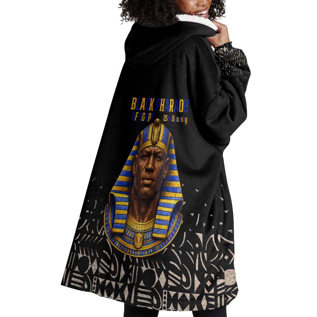 Taharqa Wearable Blanket Hoodie with Black Pharaoh Portrait, 25th Dynasty of Egypt Text and Nubian-Inspired - Wonder Print Shop