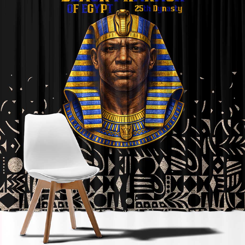 Taharqa Window Curtain with Black Pharaoh Portrait, 25th Dynasty of Egypt Text and Nubian-Inspired - Wonder Print Shop