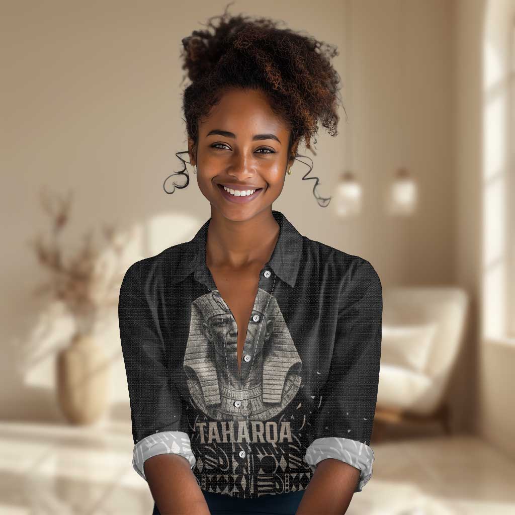 Taharqa Women Casual Shirt with Black Pharaoh Portrait, 25th Dynasty of Egypt Text and Nubian-Inspired - Wonder Print Shop