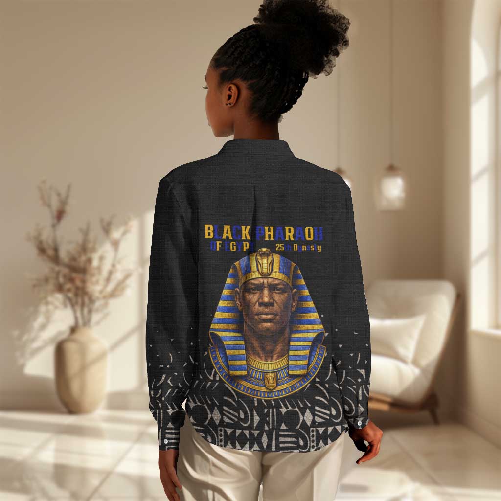 Taharqa Women Casual Shirt with Black Pharaoh Portrait, 25th Dynasty of Egypt Text and Nubian-Inspired - Wonder Print Shop