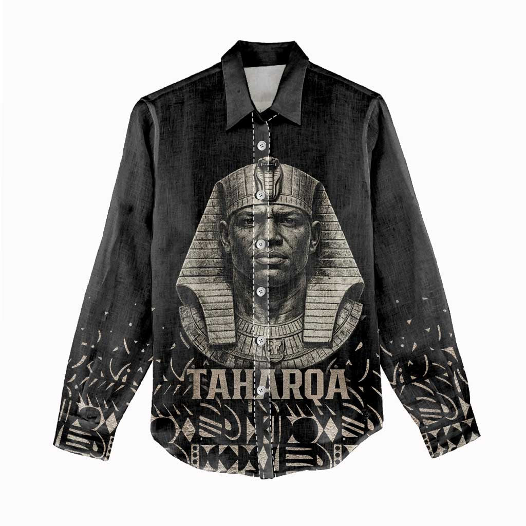 Taharqa Women Casual Shirt with Black Pharaoh Portrait, 25th Dynasty of Egypt Text and Nubian-Inspired - Wonder Print Shop