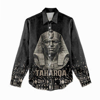 Taharqa Women Casual Shirt with Black Pharaoh Portrait, 25th Dynasty of Egypt Text and Nubian-Inspired - Wonder Print Shop