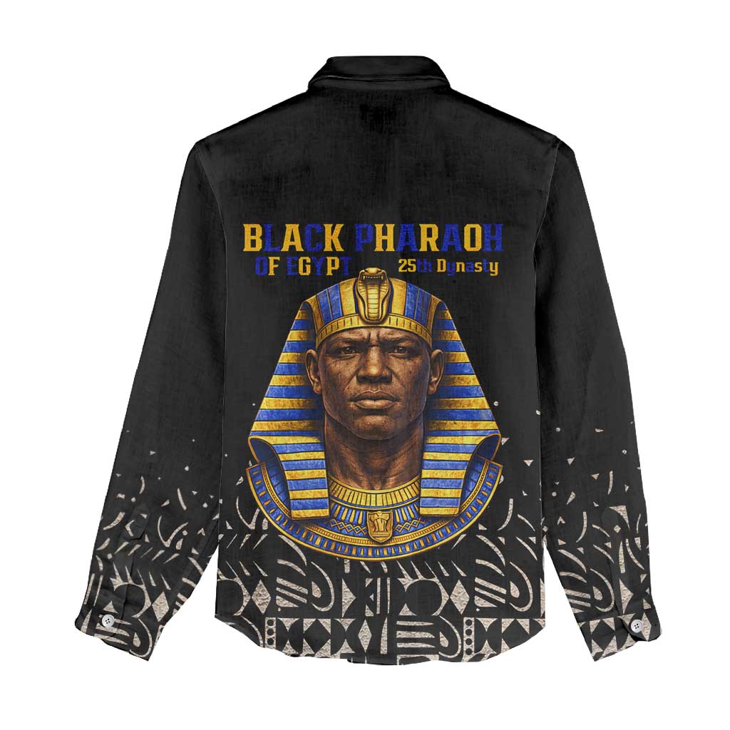 Taharqa Women Casual Shirt with Black Pharaoh Portrait, 25th Dynasty of Egypt Text and Nubian-Inspired - Wonder Print Shop
