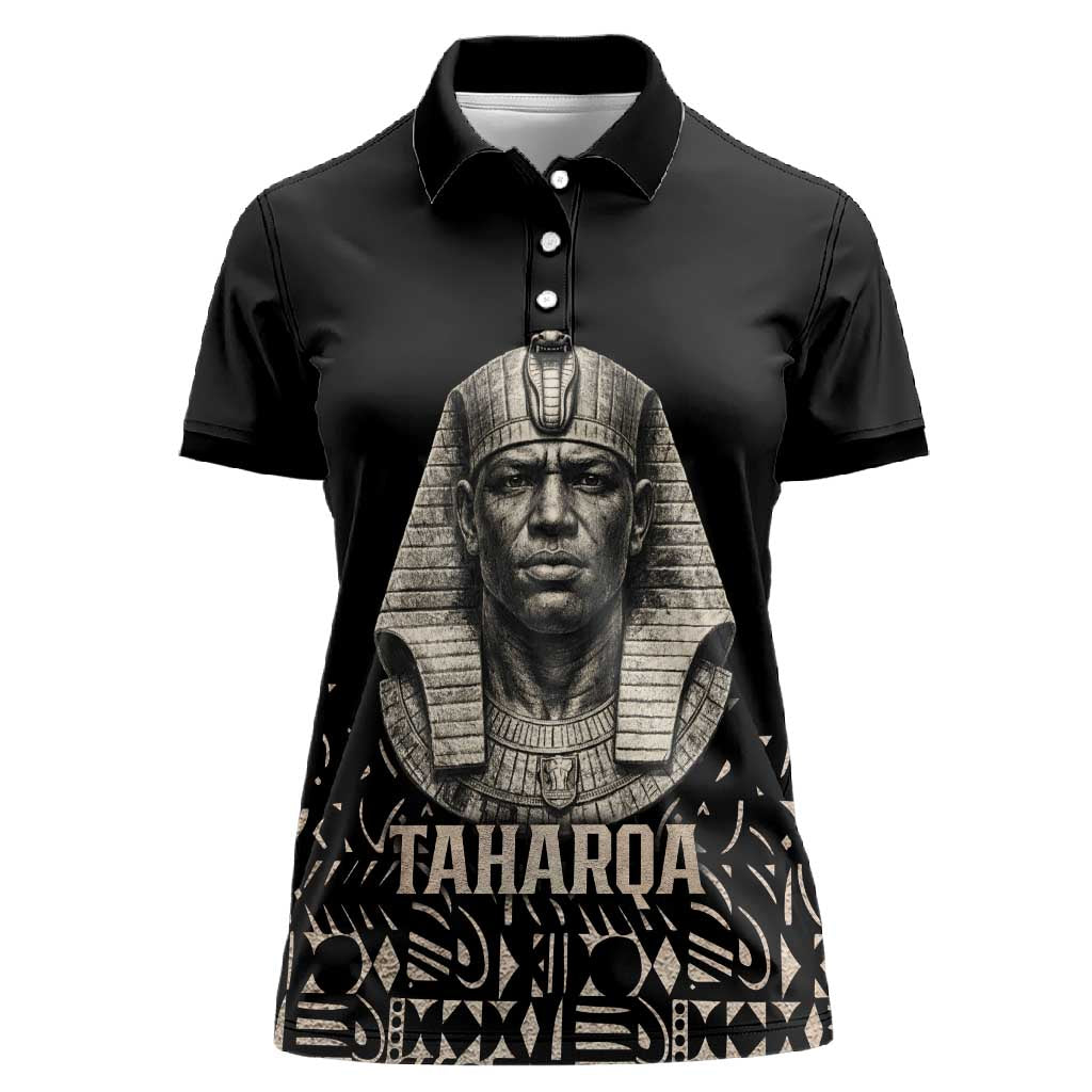 Taharqa Women Polo Shirt with Black Pharaoh Portrait, 25th Dynasty of Egypt Text and Nubian-Inspired - Wonder Print Shop