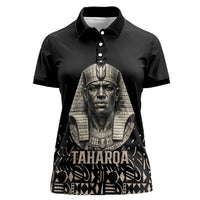 Taharqa Women Polo Shirt with Black Pharaoh Portrait, 25th Dynasty of Egypt Text and Nubian-Inspired - Wonder Print Shop
