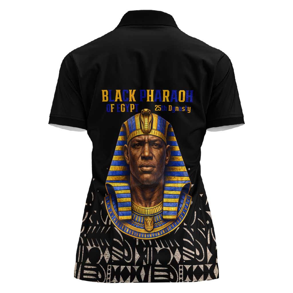 Taharqa Women Polo Shirt with Black Pharaoh Portrait, 25th Dynasty of Egypt Text and Nubian-Inspired - Wonder Print Shop