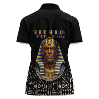 Taharqa Women Polo Shirt with Black Pharaoh Portrait, 25th Dynasty of Egypt Text and Nubian-Inspired - Wonder Print Shop