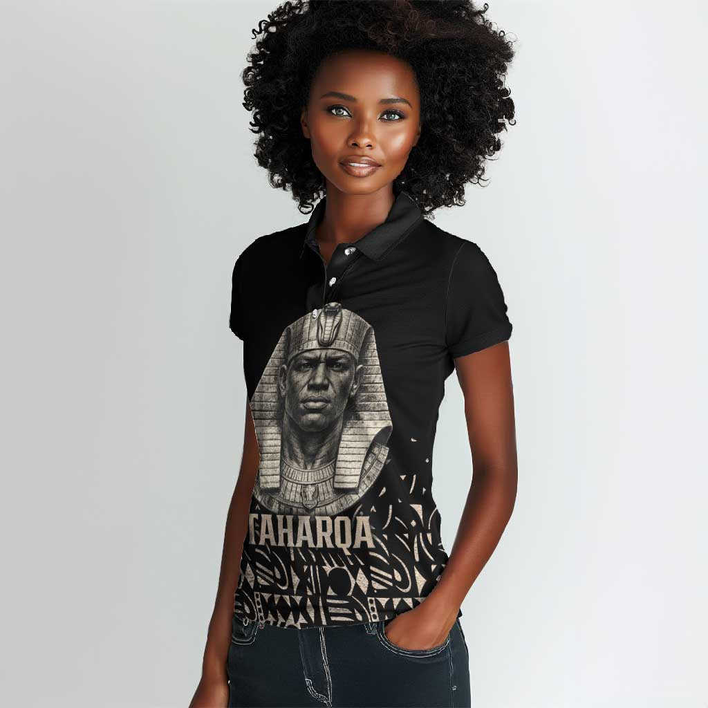 Taharqa Women Polo Shirt with Black Pharaoh Portrait, 25th Dynasty of Egypt Text and Nubian-Inspired - Wonder Print Shop
