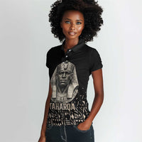 Taharqa Women Polo Shirt with Black Pharaoh Portrait, 25th Dynasty of Egypt Text and Nubian-Inspired - Wonder Print Shop