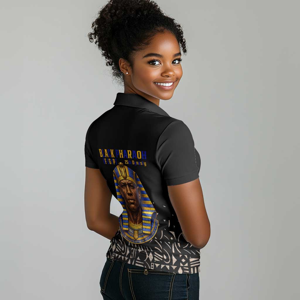 Taharqa Women Polo Shirt with Black Pharaoh Portrait, 25th Dynasty of Egypt Text and Nubian-Inspired - Wonder Print Shop