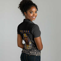 Taharqa Women Polo Shirt with Black Pharaoh Portrait, 25th Dynasty of Egypt Text and Nubian-Inspired - Wonder Print Shop
