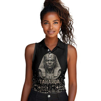 Taharqa Women Sleeveless Polo Shirt with Black Pharaoh Portrait, 25th Dynasty of Egypt Text and Nubian-Inspired - Wonder Print Shop