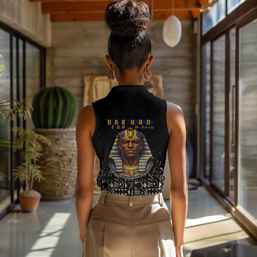 Taharqa Women Sleeveless Polo Shirt with Black Pharaoh Portrait, 25th Dynasty of Egypt Text and Nubian-Inspired - Wonder Print Shop