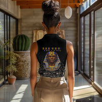 Taharqa Women Sleeveless Polo Shirt with Black Pharaoh Portrait, 25th Dynasty of Egypt Text and Nubian-Inspired - Wonder Print Shop