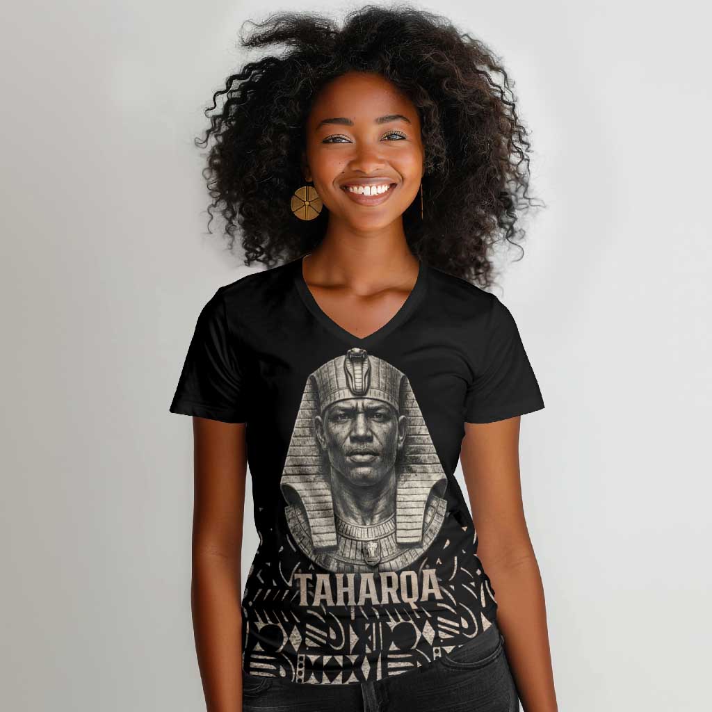 Taharqa Women V-Neck T-Shirt with Black Pharaoh Portrait, 25th Dynasty of Egypt Text and Nubian-Inspired - Wonder Print Shop