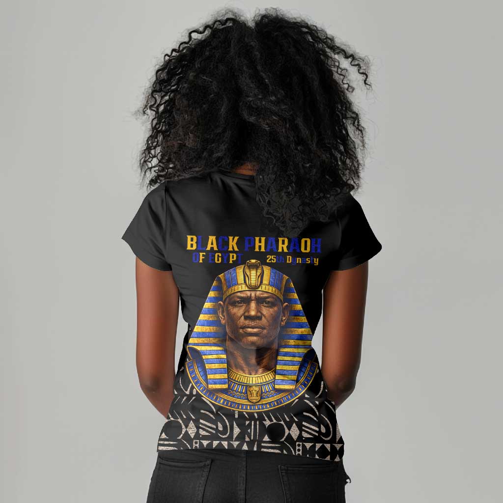 Taharqa Women V-Neck T-Shirt with Black Pharaoh Portrait, 25th Dynasty of Egypt Text and Nubian-Inspired - Wonder Print Shop