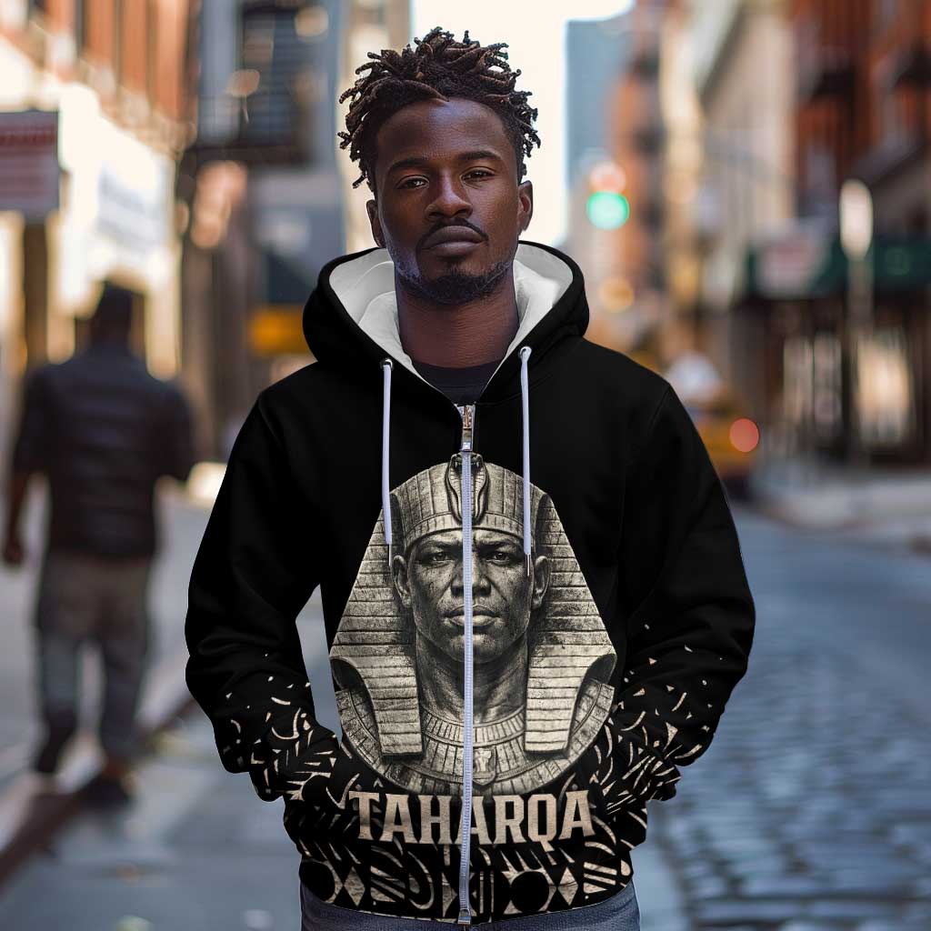 Taharqa Zip Hoodie with Black Pharaoh Portrait, 25th Dynasty of Egypt Text and Nubian-Inspired - Wonder Print Shop