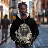 Taharqa Zip Hoodie with Black Pharaoh Portrait, 25th Dynasty of Egypt Text and Nubian-Inspired - Wonder Print Shop