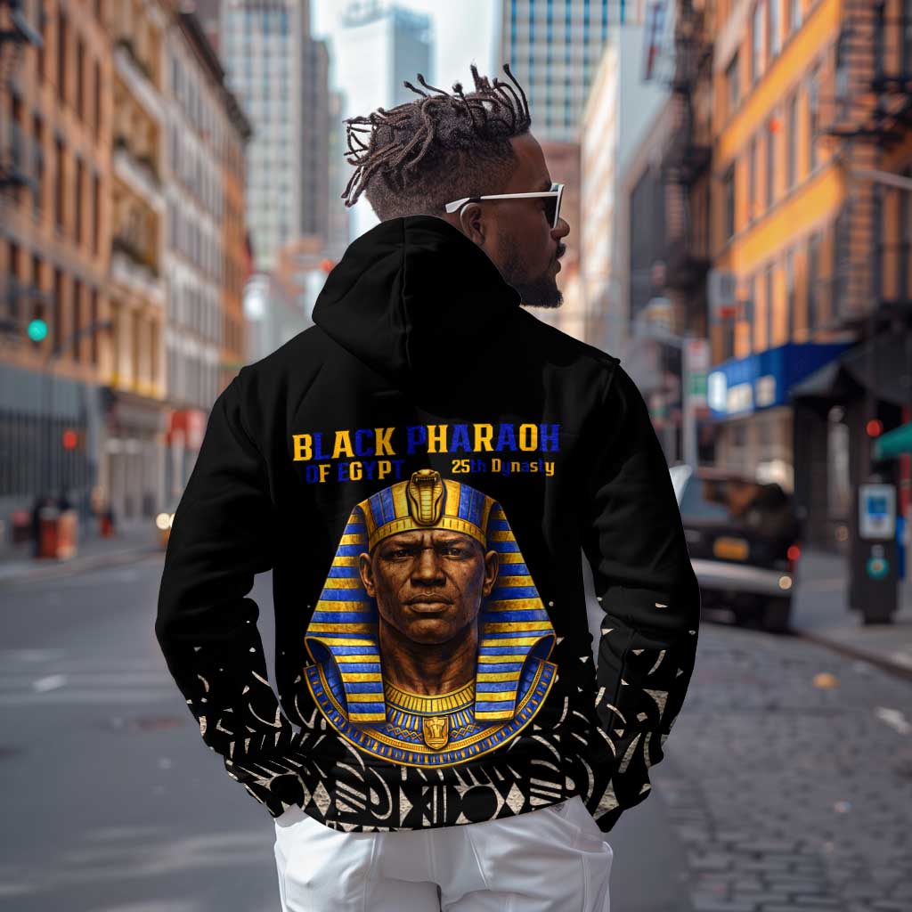 Taharqa Zip Hoodie with Black Pharaoh Portrait, 25th Dynasty of Egypt Text and Nubian-Inspired - Wonder Print Shop